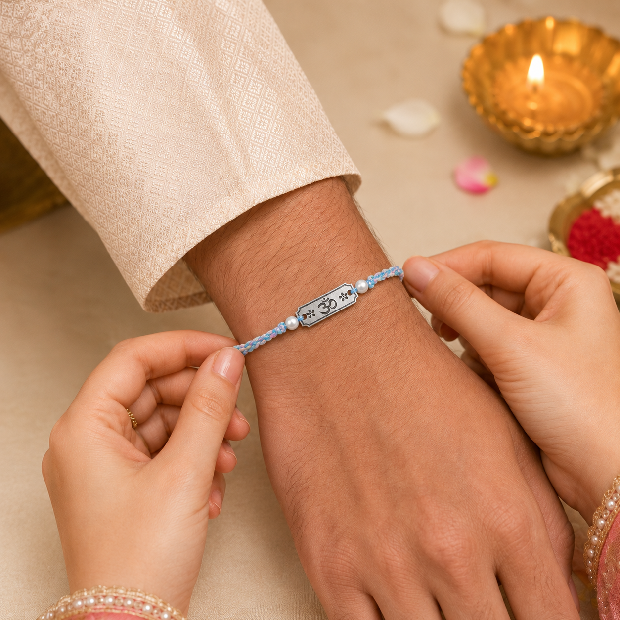 Sister tying 925 Sterling Silver Om Rakhi on brother wrist during Raksha Bandhan ceremony