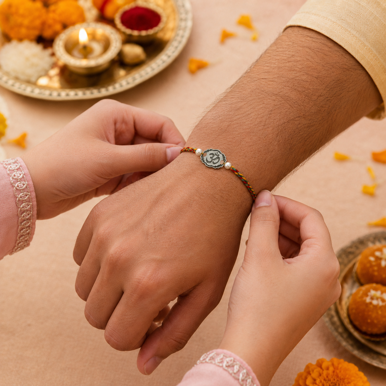 Sister tying Pure Silver Om Rakhi on brother wrist during Raksha Bandhan ceremony