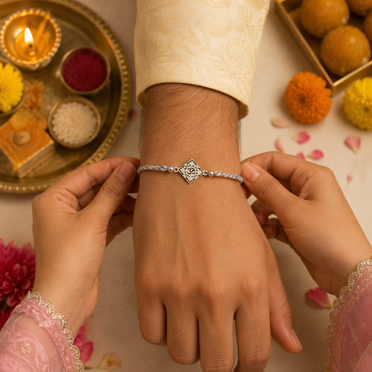 Sister tying Designer 925 Pure Silver Om Rakhi on brother wrist during Raksha Bandhan ceremony