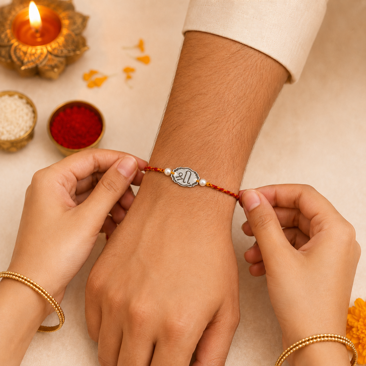 Sister tying Pure Silver Shree Rakhi on brother wrist during Raksha Bandhan ceremony