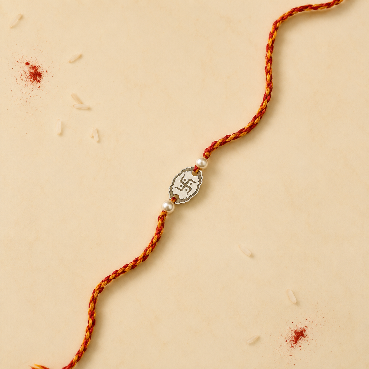 Pure Silver Swastik Rakhi for brother with red and yellow braided thread front view
