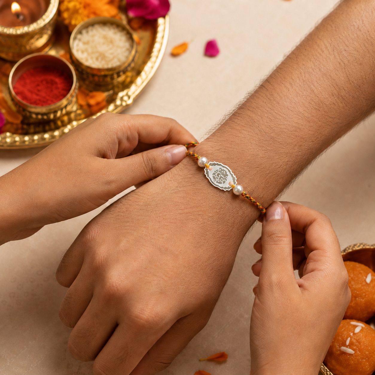 Sister tying Pure Silver Ganesha Rakhi on brother wrist during Raksha Bandhan ceremony
