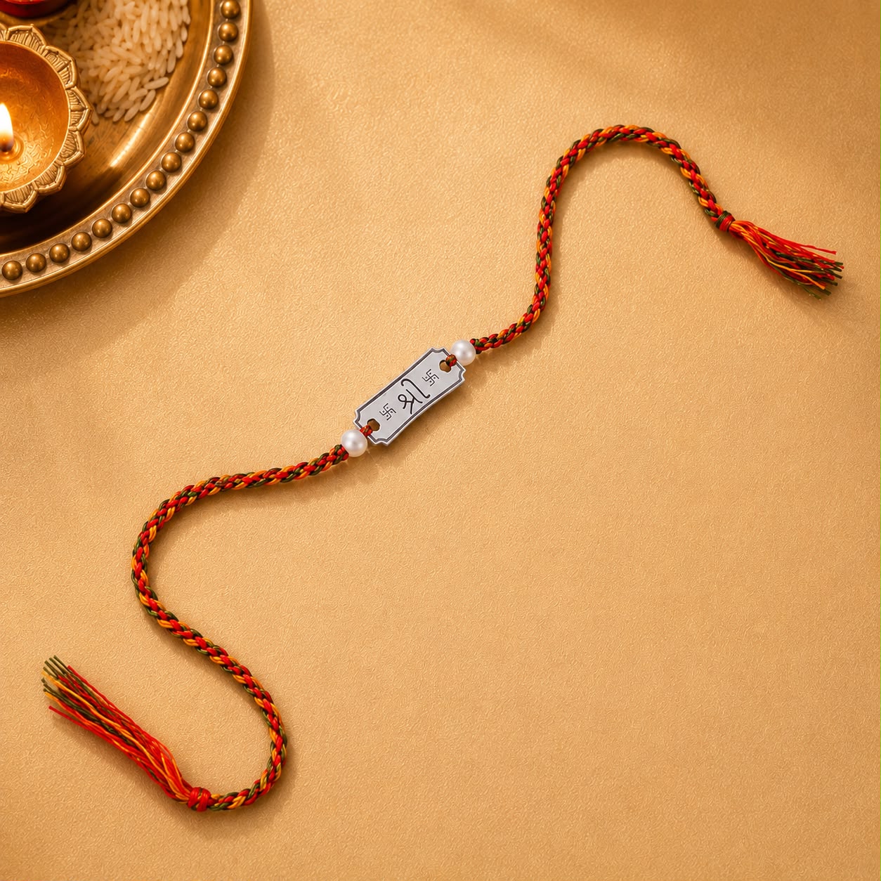 Shree Swastik silver Rakhi for brother with white beads and multicolour thread