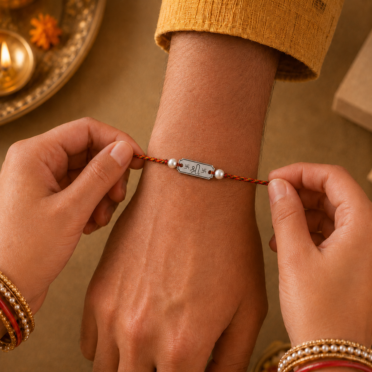 Sister tying sacred Shree Swastik silver Rakhi on brother wrist during Raksha Bandhan