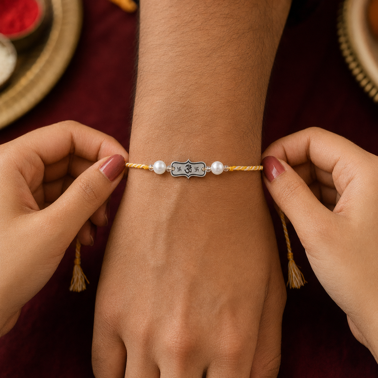 Sister tying sacred silver Om Swastik Rakhi with pearls on brother wrist during Raksha Bandhan