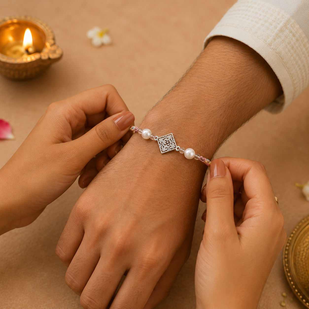 Designer Silver Rakhi for Raksha Sister tying sacred designer silver Om Rakhi on brother wrist during Raksha Bandhan