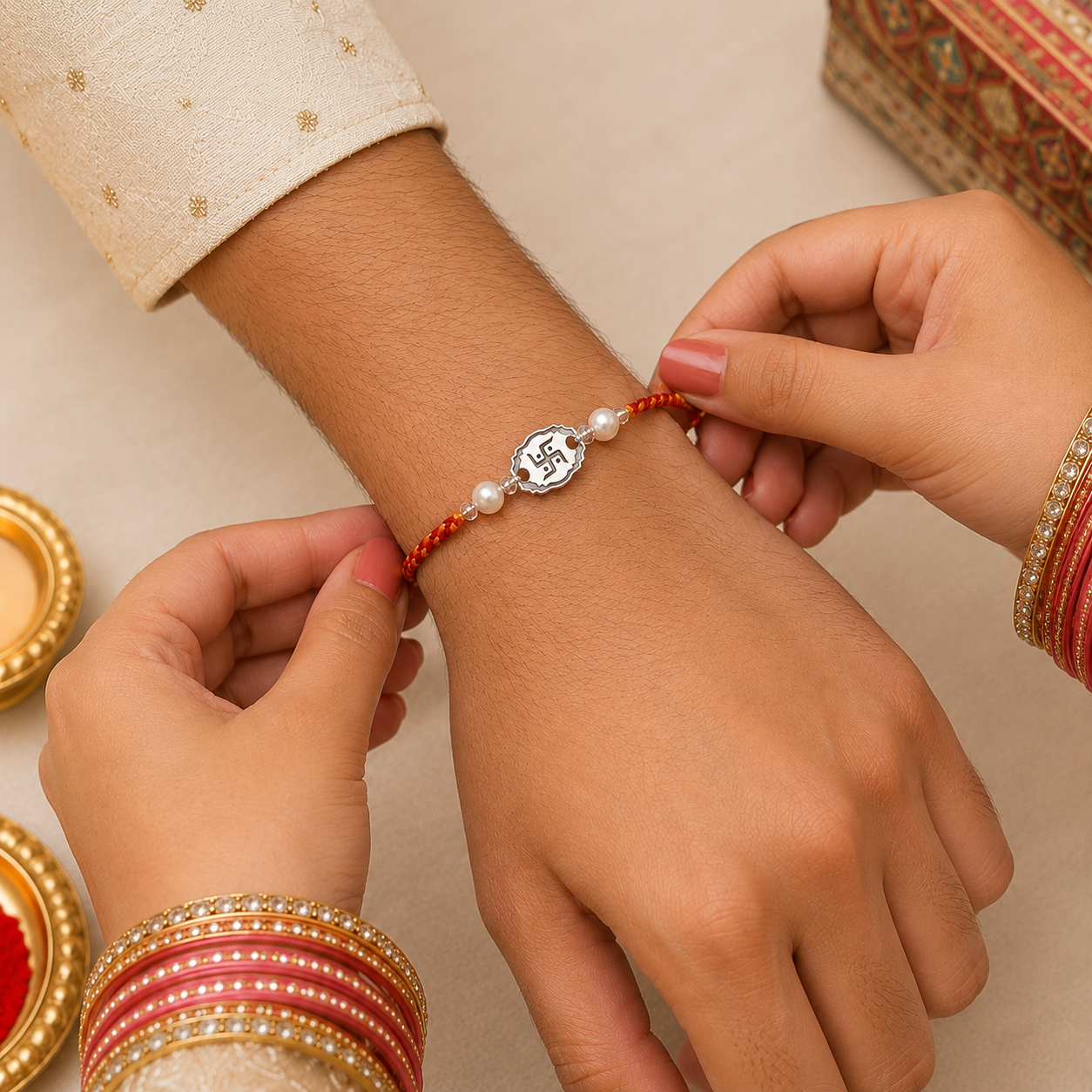 Sister tying sacred silver pearl Swastika Rakhi on brother wrist during Raksha Bandhan