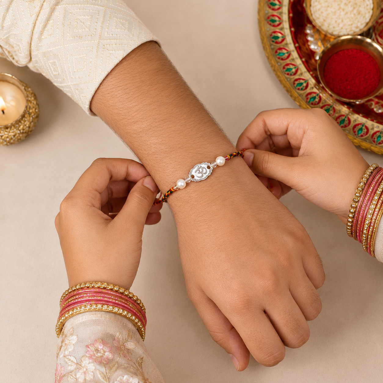 Sister tying premium silver Om Rakhi on brother wrist during Raksha Bandhan