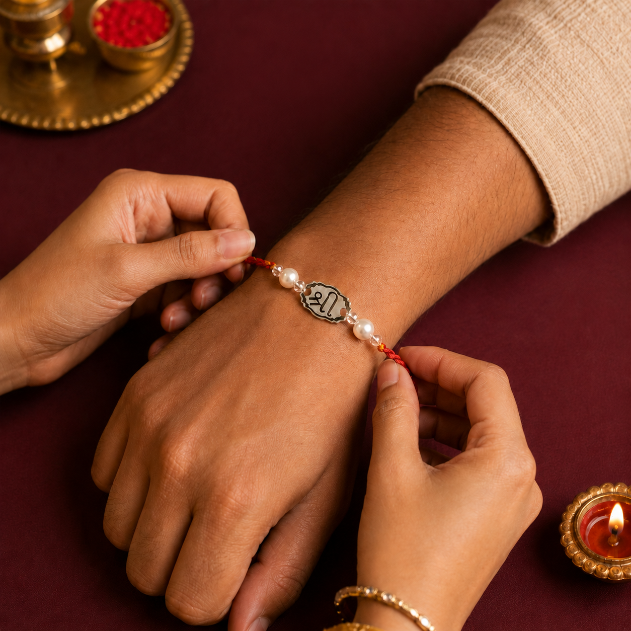 Sister tying 925 sterling silver Rakhi on brother wrist during Raksha Bandhan