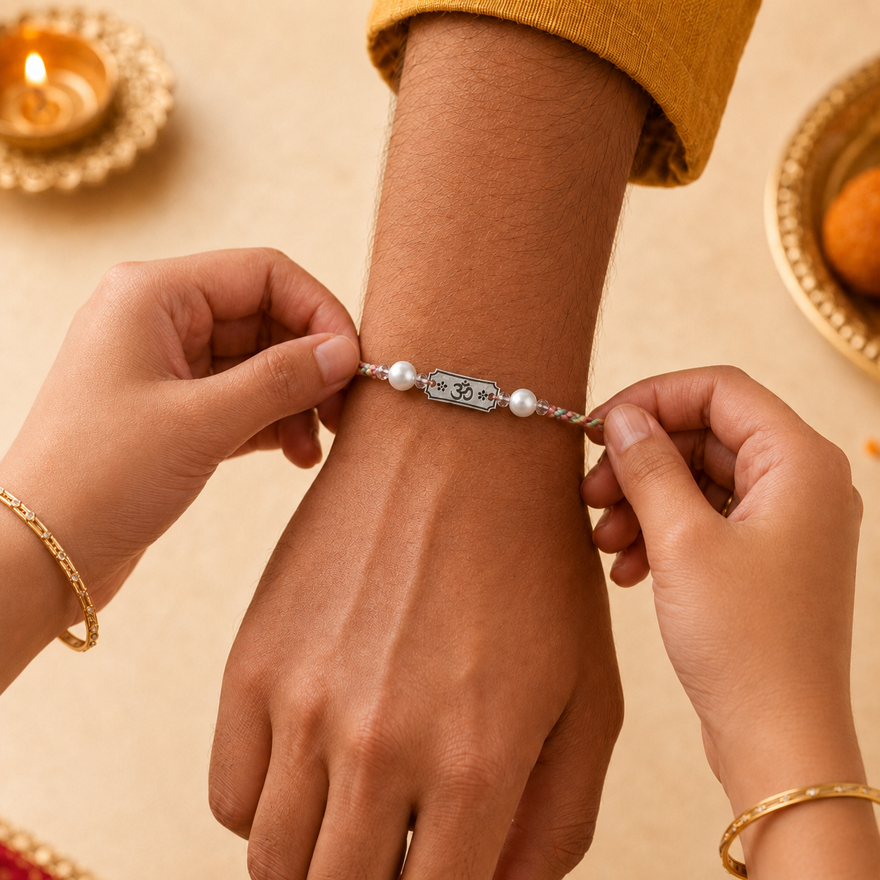 Sister tying sacred silver Om pearl Rakhi on brother wrist during Raksha Bandhan