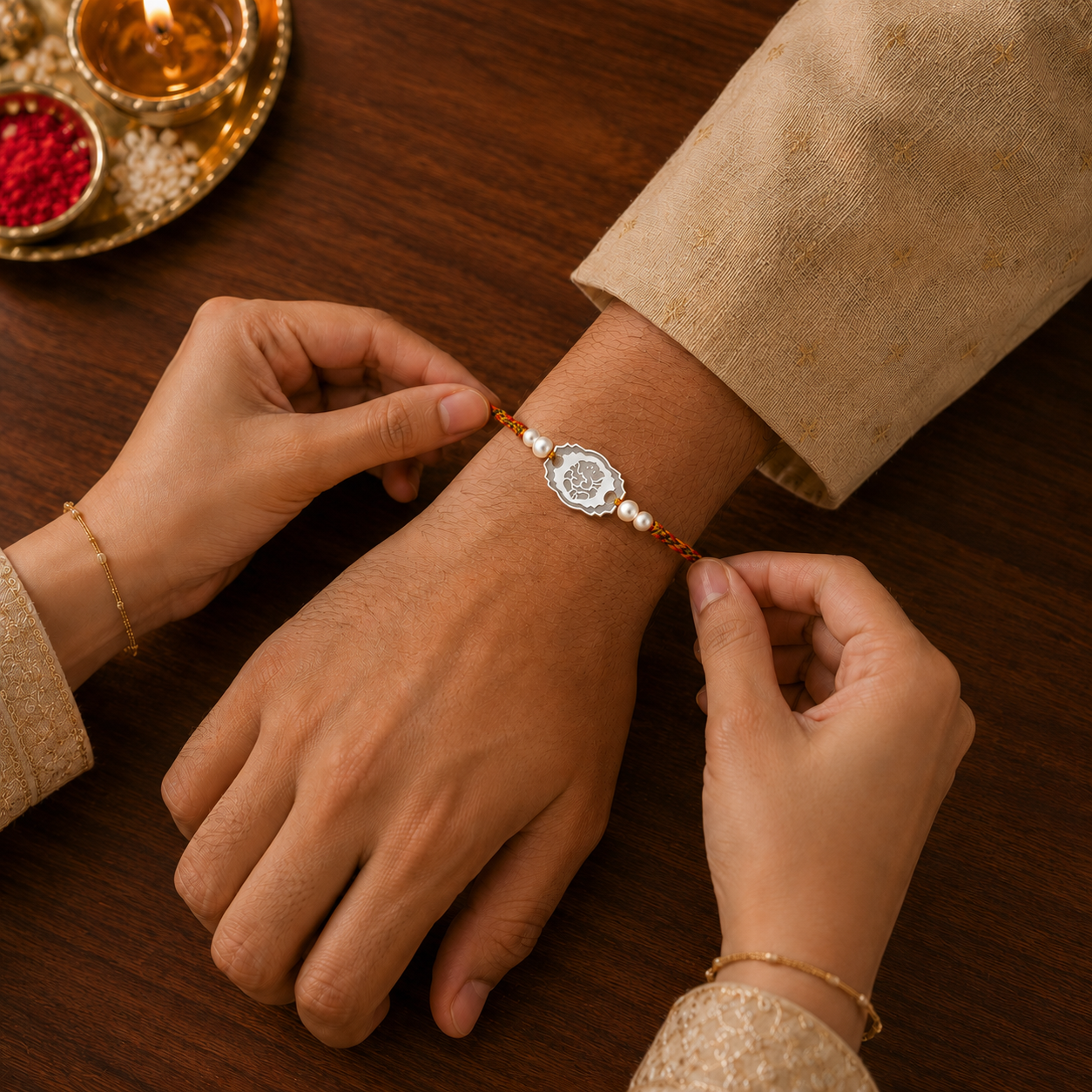 Sister tying 925 silver Ganesha Rakhi on brother wrist during Raksha Bandhan puja