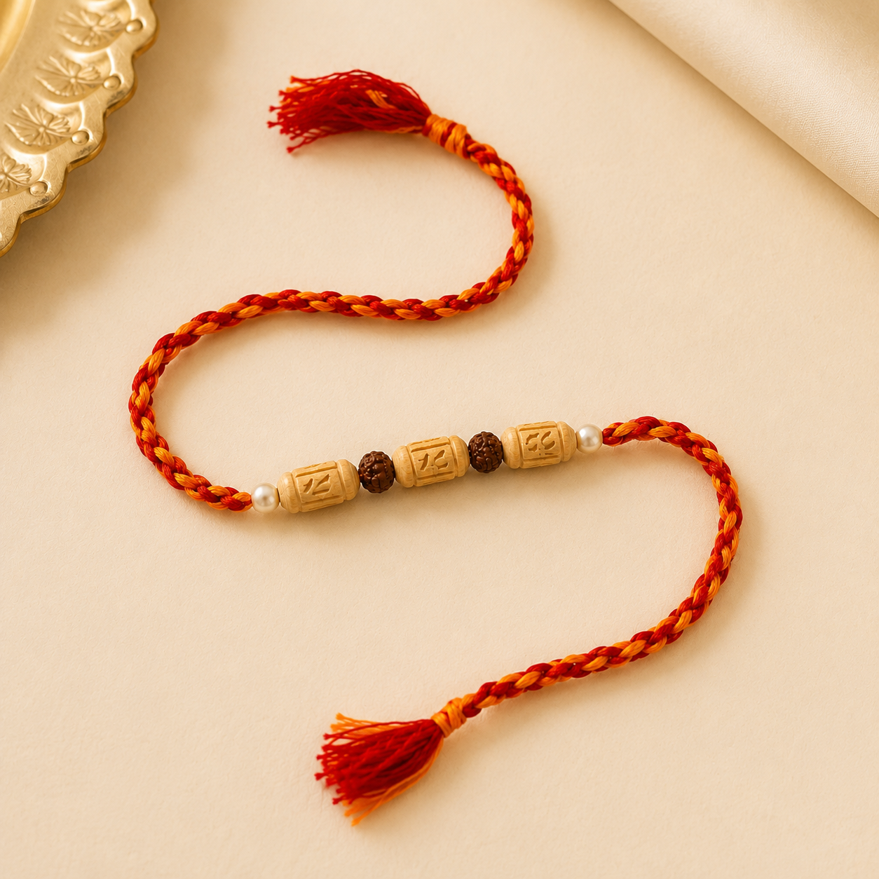 Handcrafted Tulsi Rudraksha Rakhi for brother with carved beads and red-orange braided thread