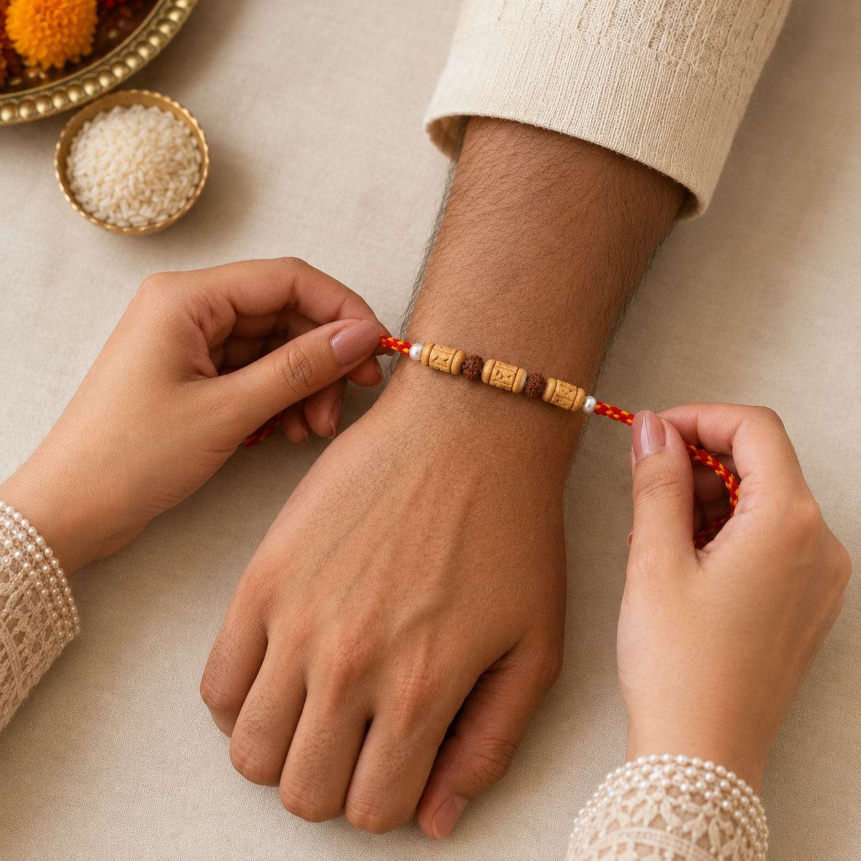 Sister tying sacred Tulsi Rudraksha Rakhi on brother wrist during Raksha Bandhan puja