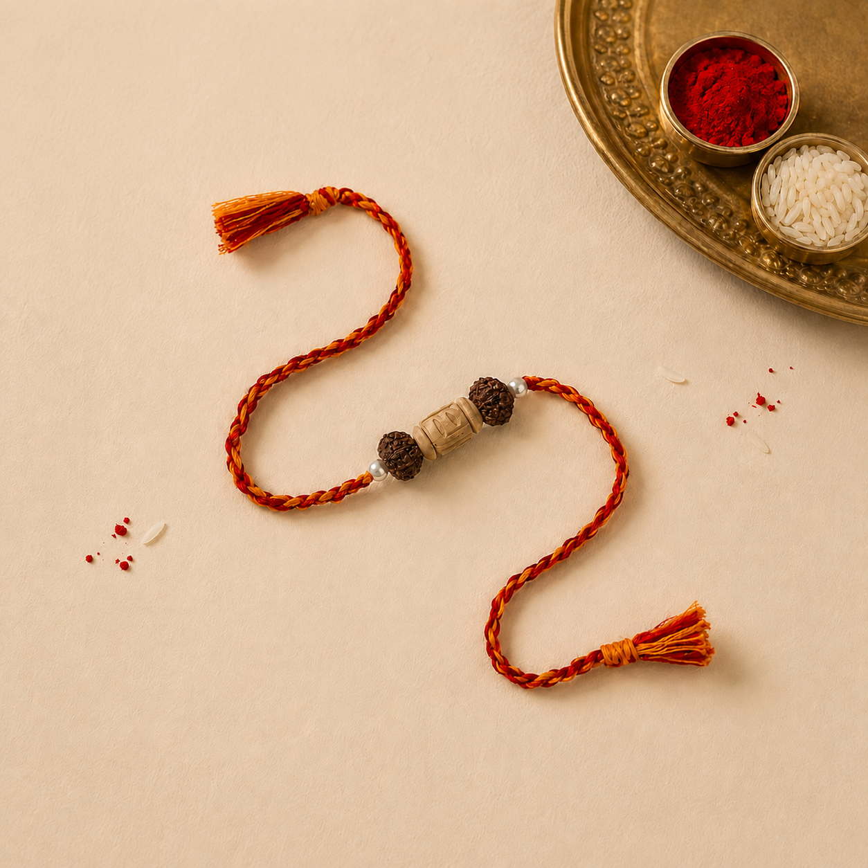 Handcrafted Tulsi Rudraksha Rakhi for brother with red and orange braided thread
