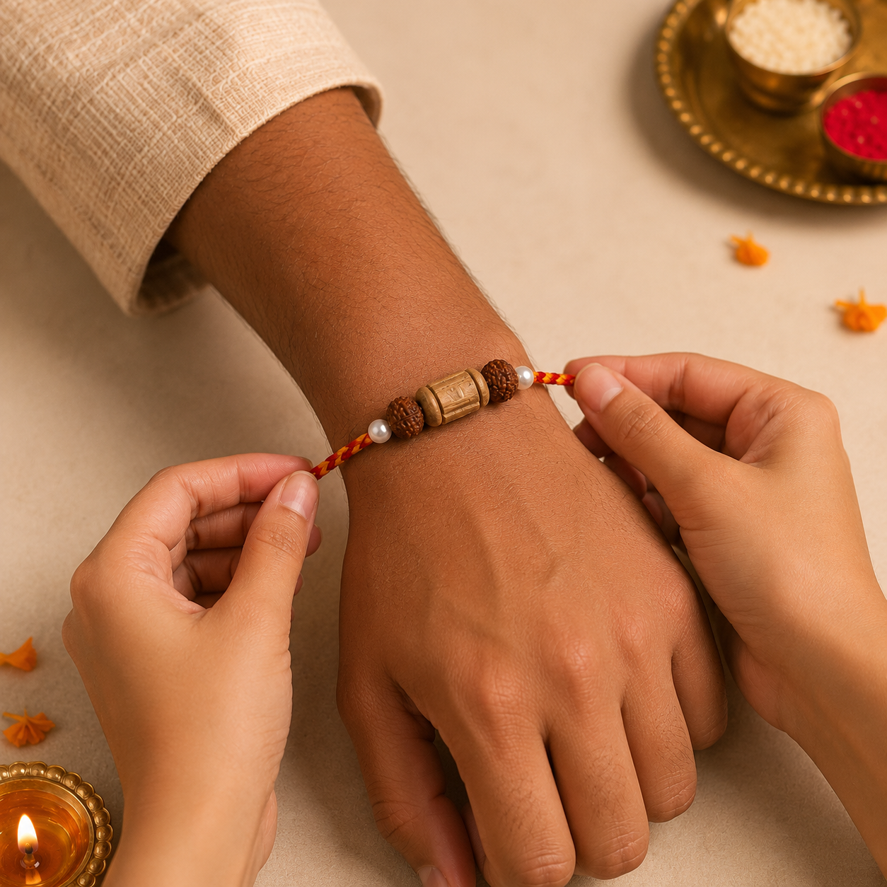 Sister tying sacred Tulsi Rudraksha Rakhi on brother wrist during Raksha Bandhan ceremony