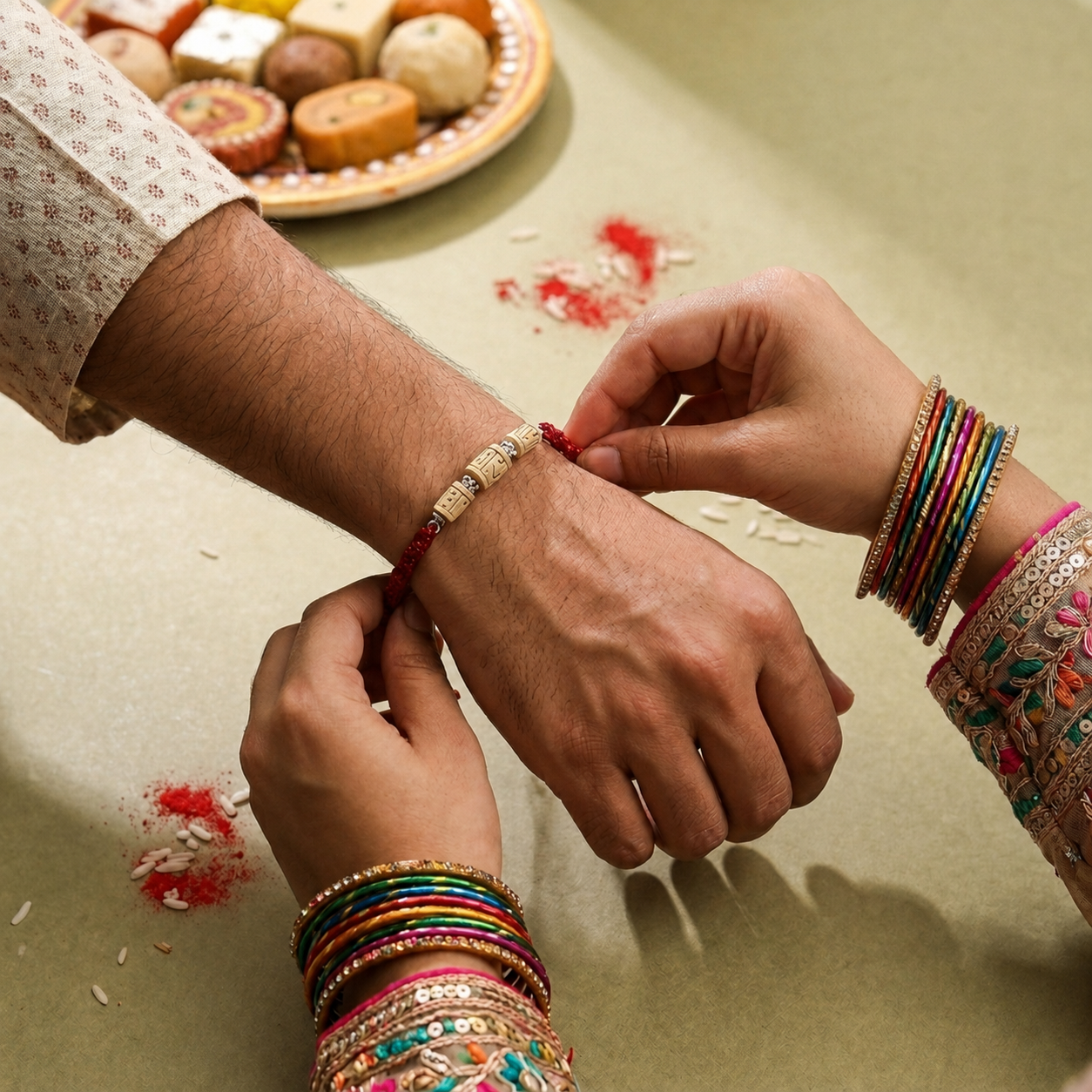 Pure Silver Tulsi Rakhi tied on brother's wrist during Raksha Bandhan ritual