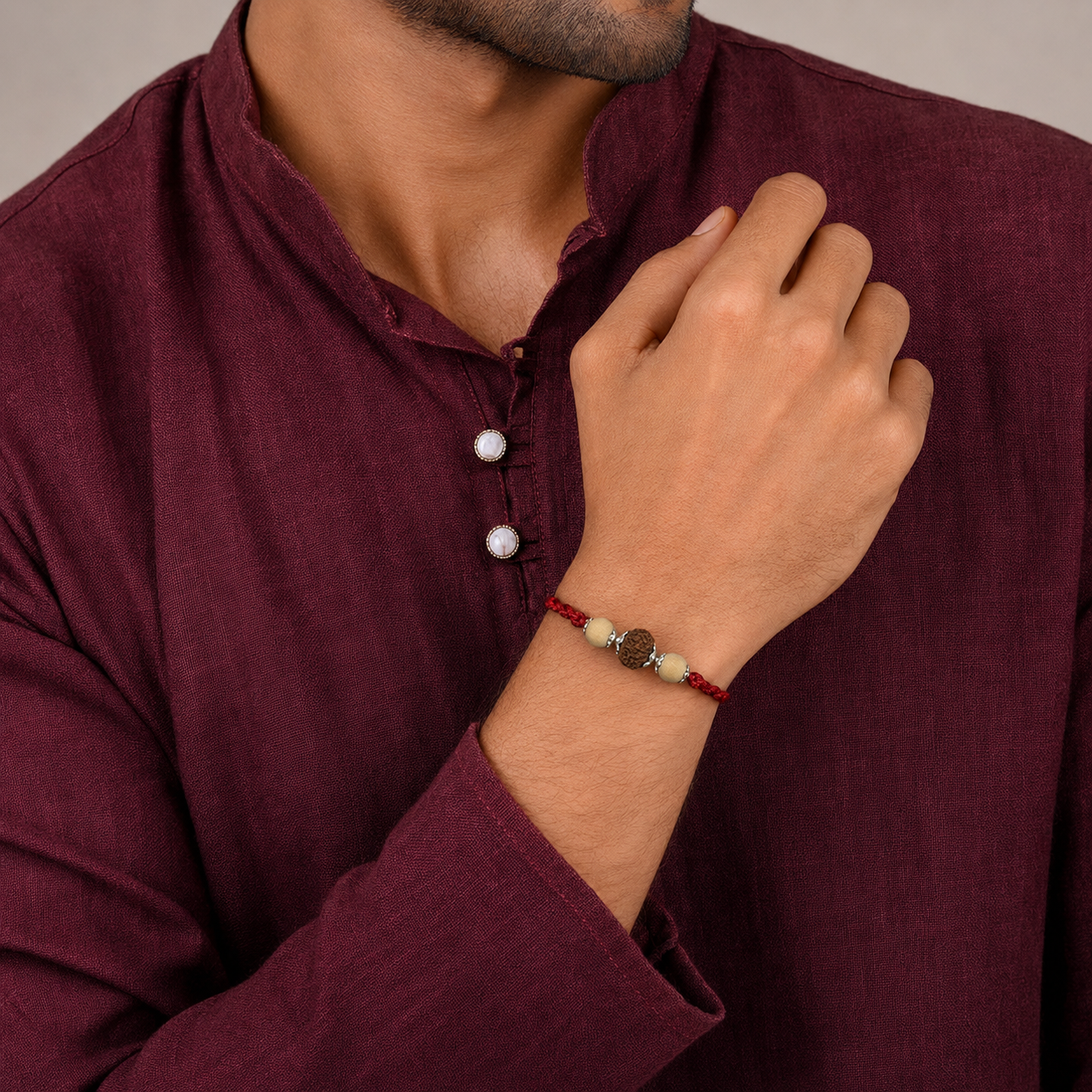 Premium Pure Silver Tulsi Rudraksha Rakhi tied on brother wrist