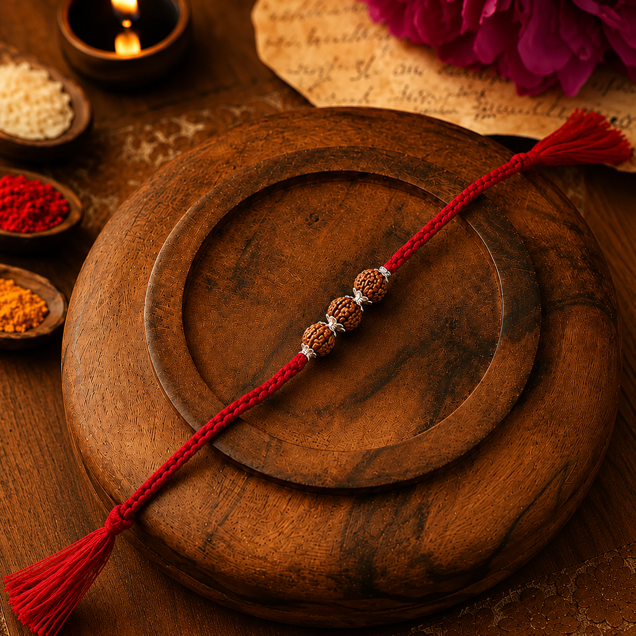 925 Sterling Silver Capped Rudraksha Rakhi for Brother flat lay view on wooden tray