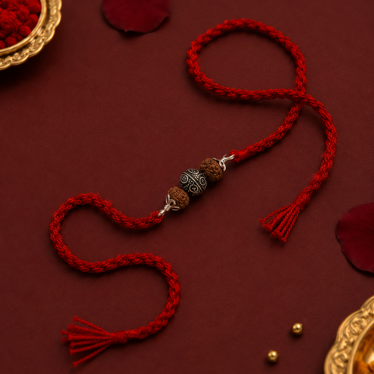 Silver Rudraksha Rakhi for Raksha Bandhan with filigree silver centerpiece and red thread