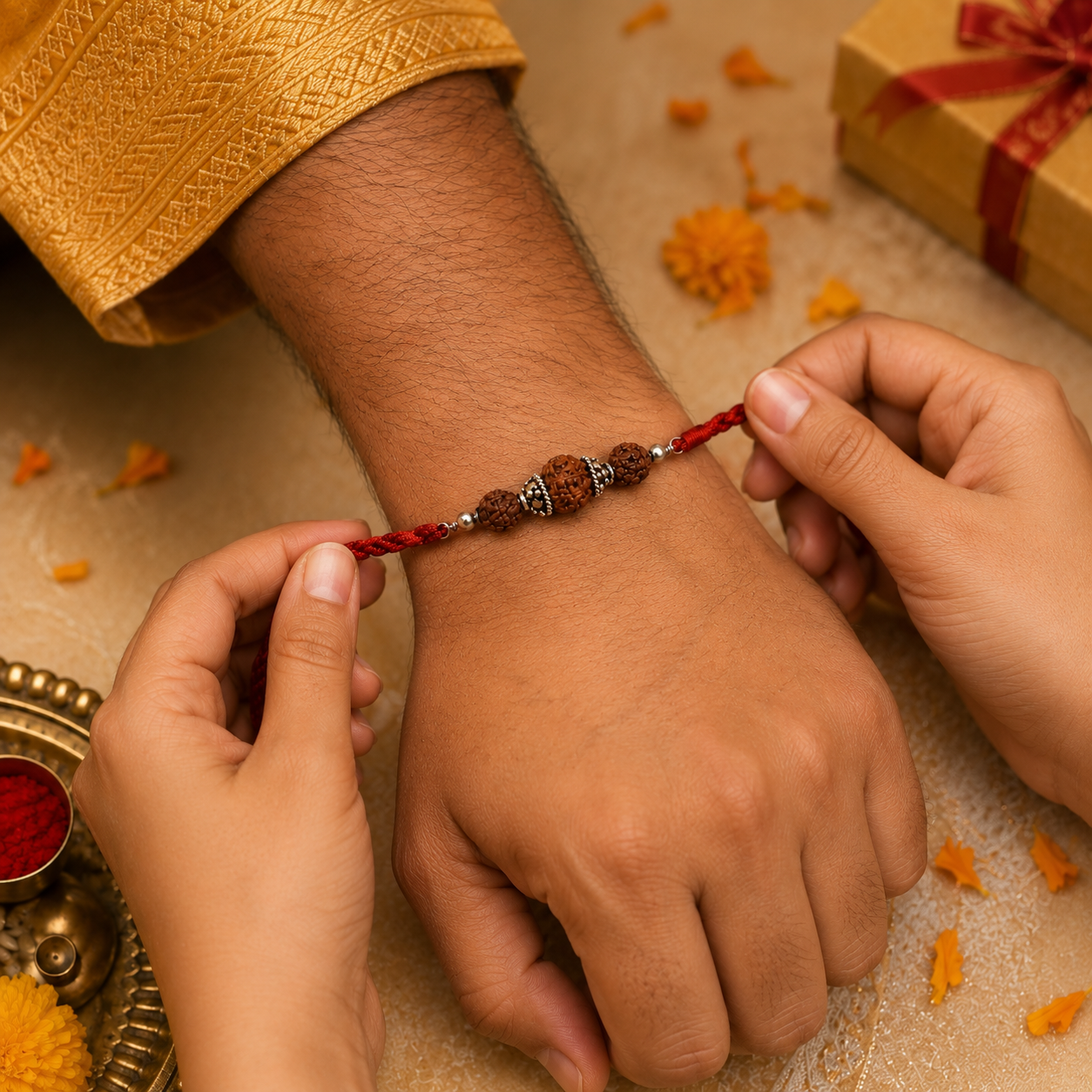 Sister tying sacred Rudraksha silver capping Rakhi on brother wrist during Raksha Bandhan