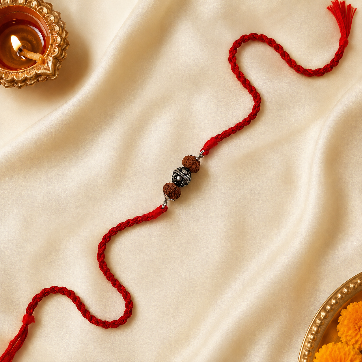 Rudraksha silver Rakhi for brother with twin Rudraksha beads and red braided thread