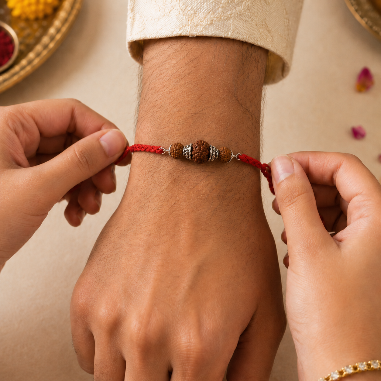 Sister tying sacred pure silver Rudraksha Rakhi on brother wrist during Raksha Bandhan