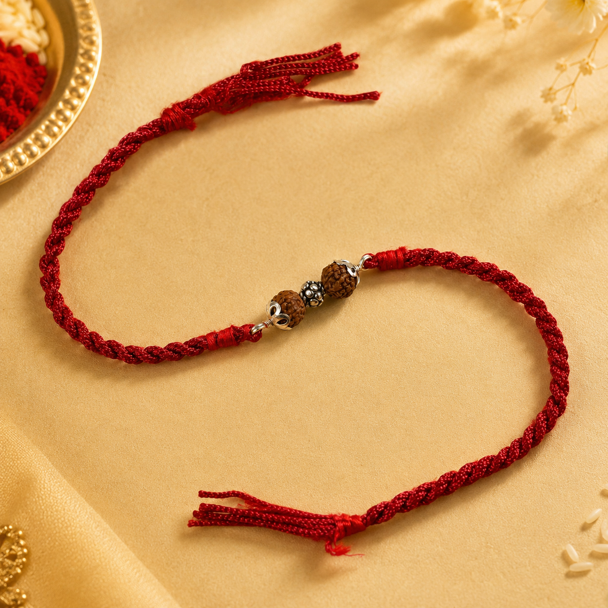 Chandi Rudraksha Rakhi for brother with red Mauli thread front view