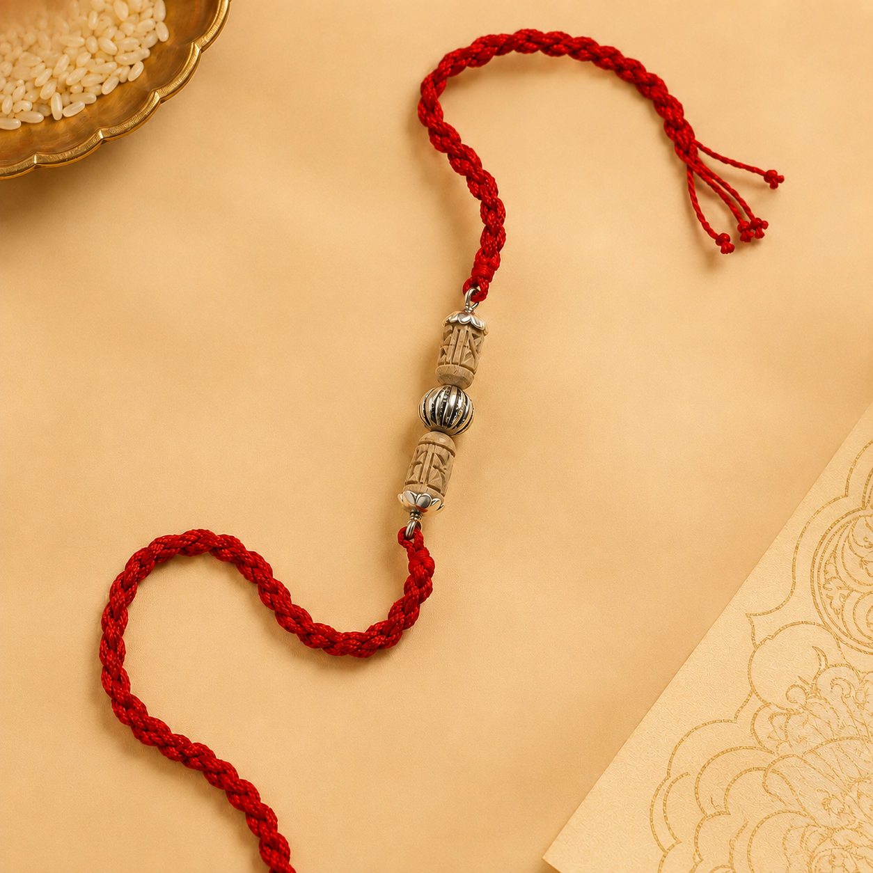 Premium silver Tulsi Rakhi for brother with red Mauli thread front view
