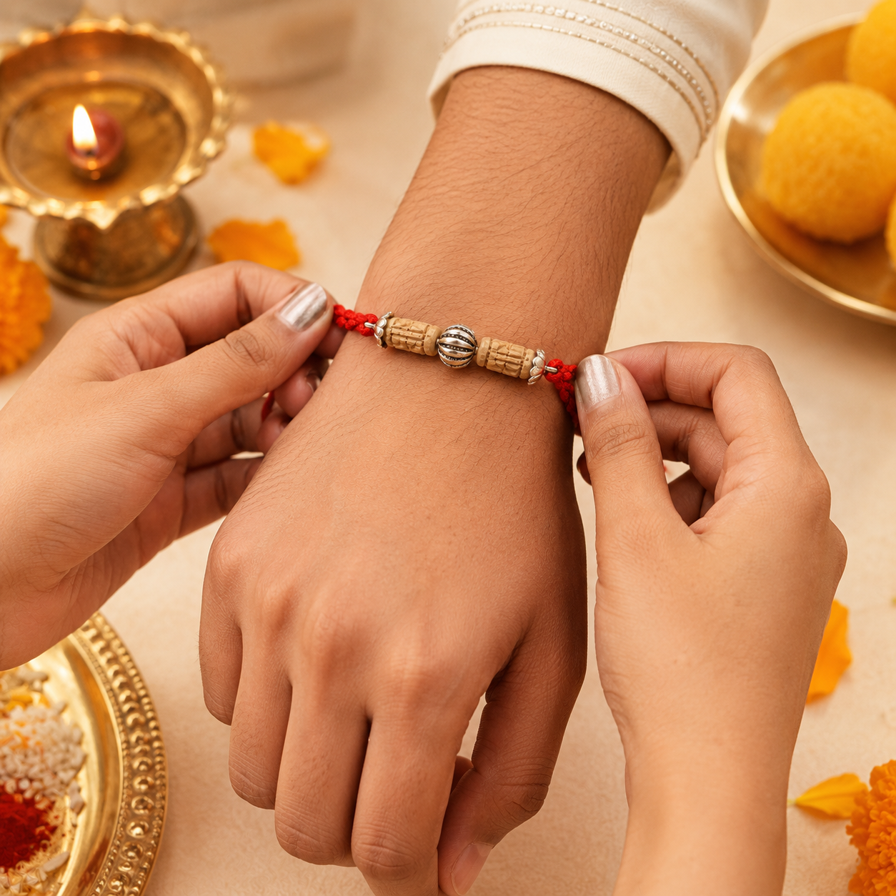 Sister tying premium silver Tulsi Rakhi on brother wrist during Raksha Bandhan ceremony