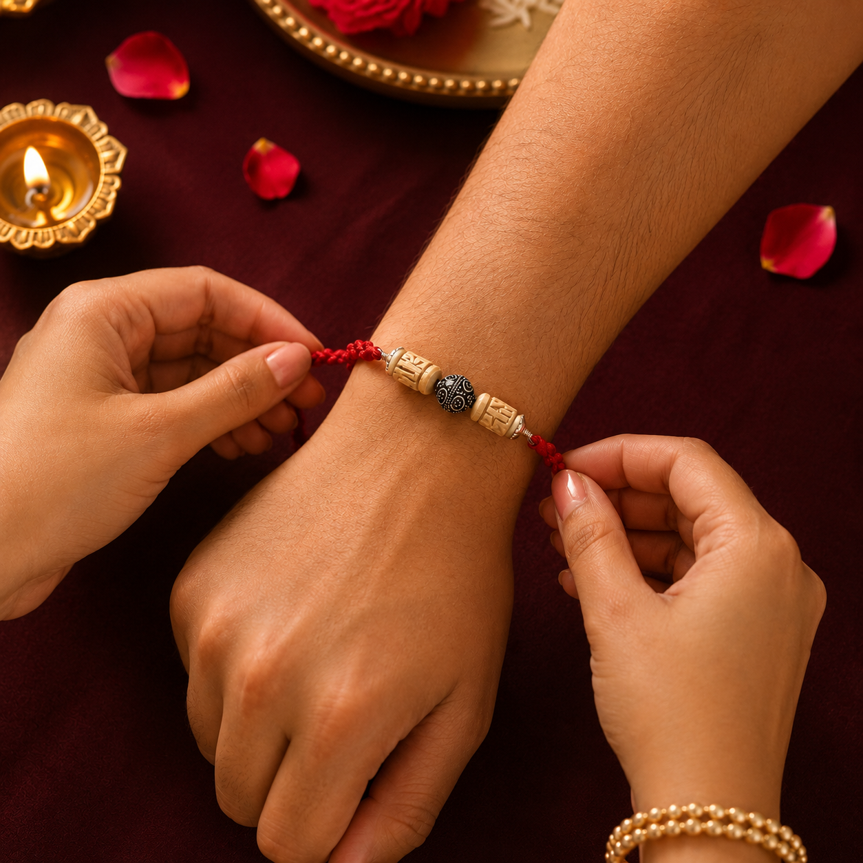 Sister tying designer silver Tulsi Rakhi on brother wrist during Raksha Bandhan puja