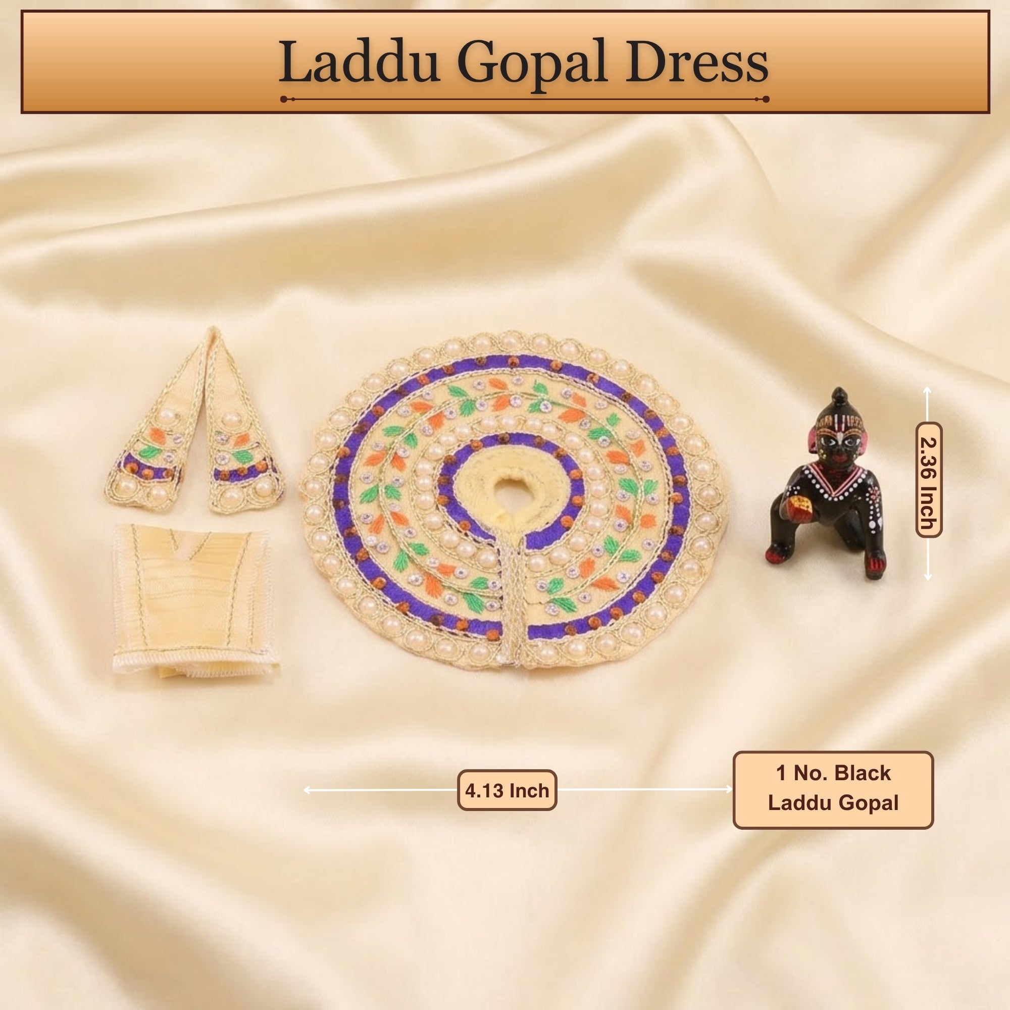 4 No. size reference display for the cream Laddu Gopal dress with Patka
