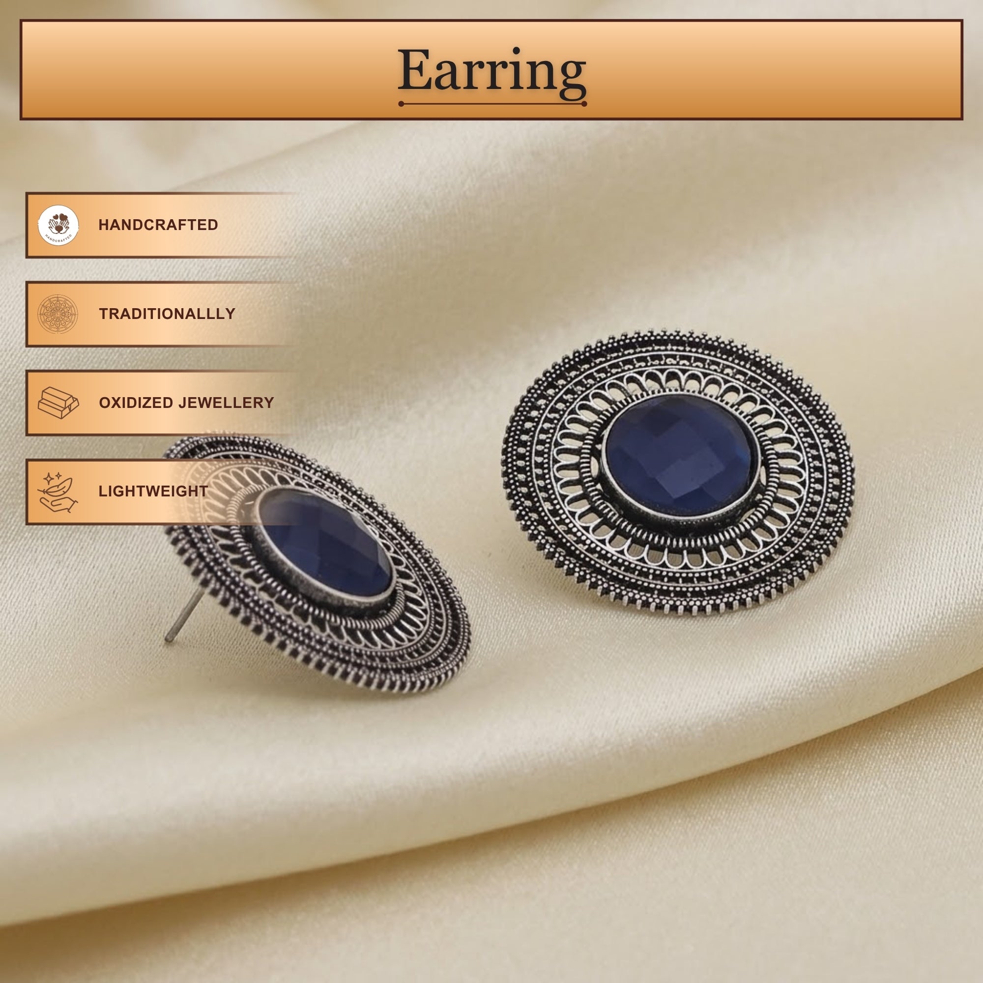 Oxidized Metal Earrings, Blue Stone, Ornate Border