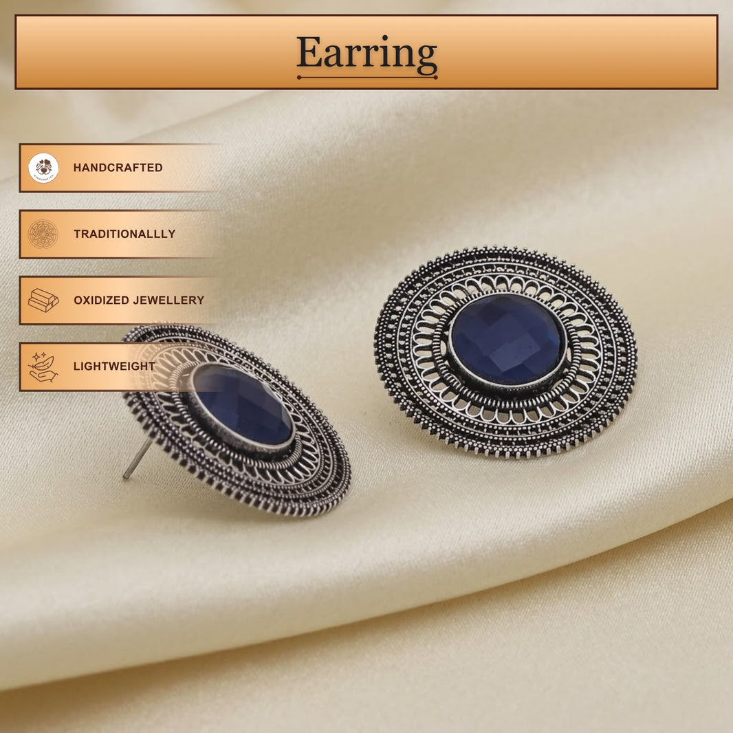 Oxidized Metal Earrings, Blue Stone, Ornate Border