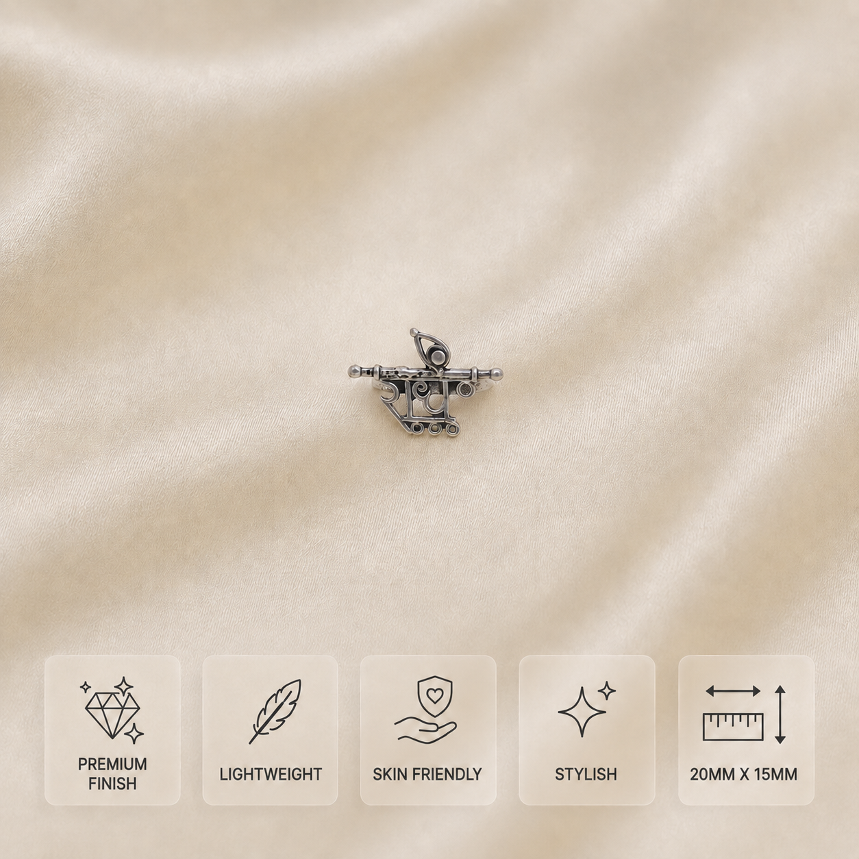 A small silver-toned ring with a detailed knight and shield design, displayed on a soft beige fabric background with five feature callout cards at the bottom highlighting premium finish, lightweight, skin-friendly, stylish, and dimensions.