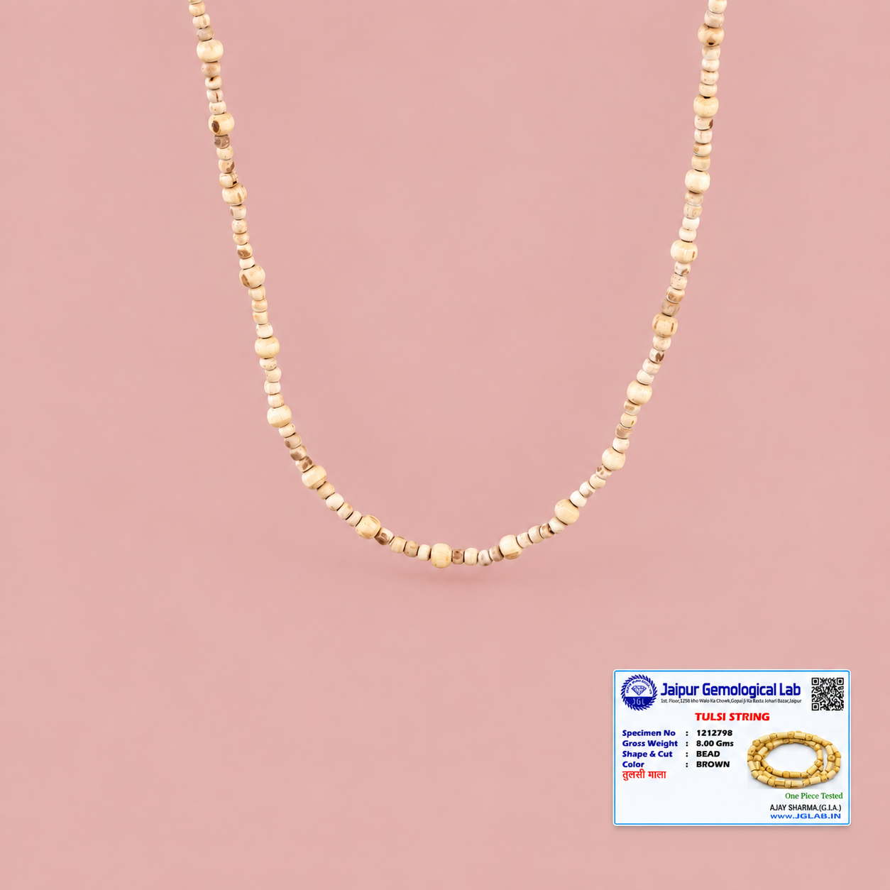 Natural Tulsi bead necklace with cream and tan wooden beads with a Jaipur Gemological Lab certificate