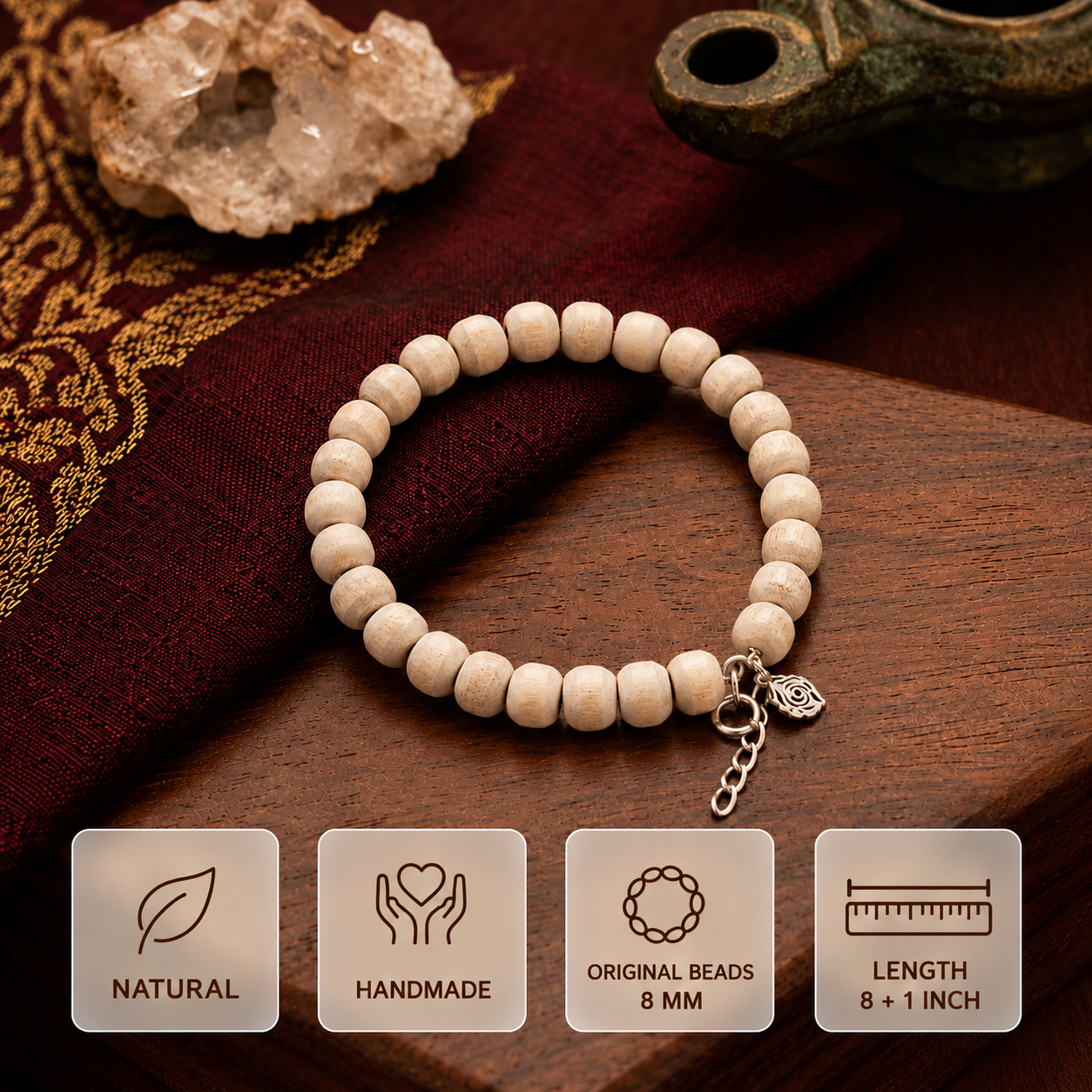 Natural wooden bead bracelet with textured 8 mm beads, silver chain and floral charm