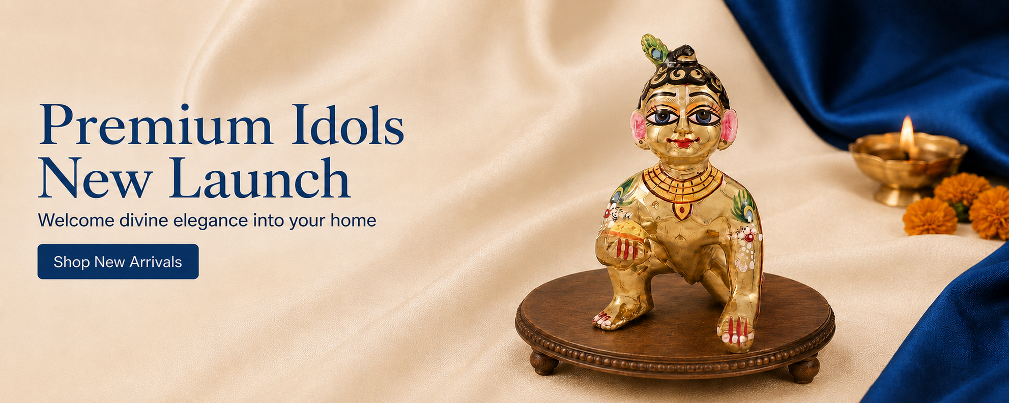 Brass seated idol statue on wooden base, featuring Premium Idols New Launch banner