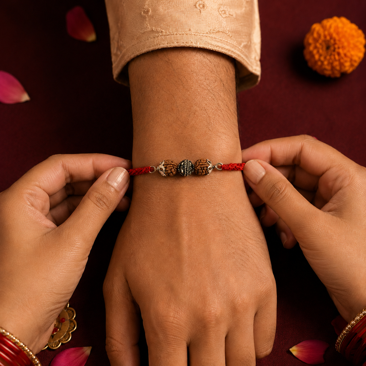 Hands tying pure silver capped Rudraksha rakhi bracelet on brother wrist for Raksha Bandhan