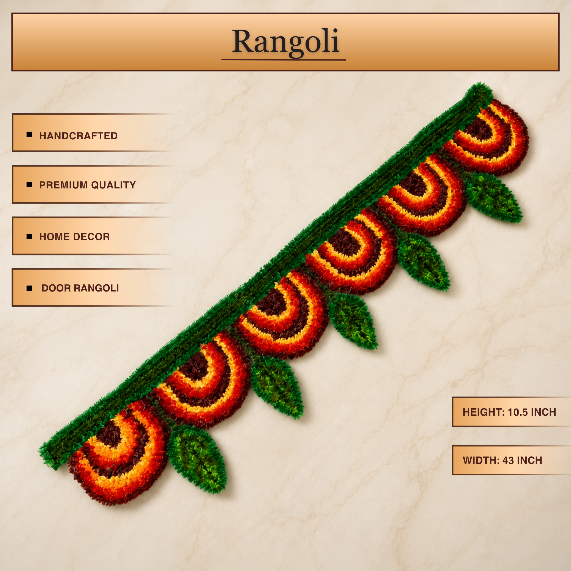 Close-up view of Handmade Woolen Rangoli Toran showing maroon orange scallops and leaf detailing