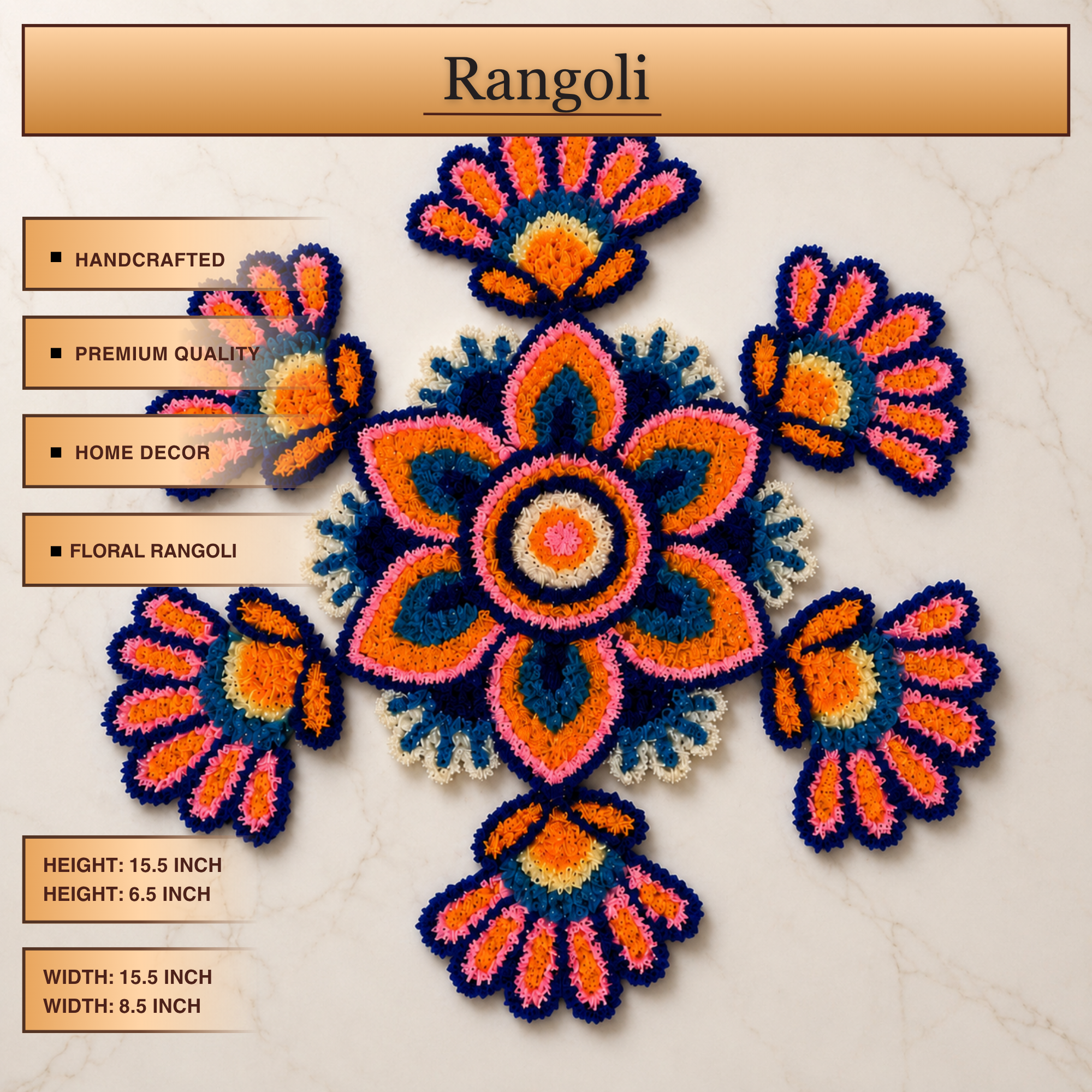 Handmade Reusable Floral Floor Rangoli Mat product features and dimension layout diagram