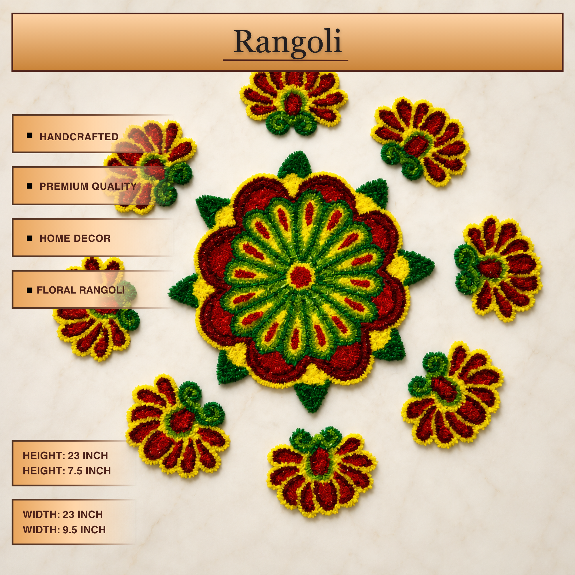 Designer Handmade Reusable Floral Floor Rangoli Mat product features and piece layout diagram