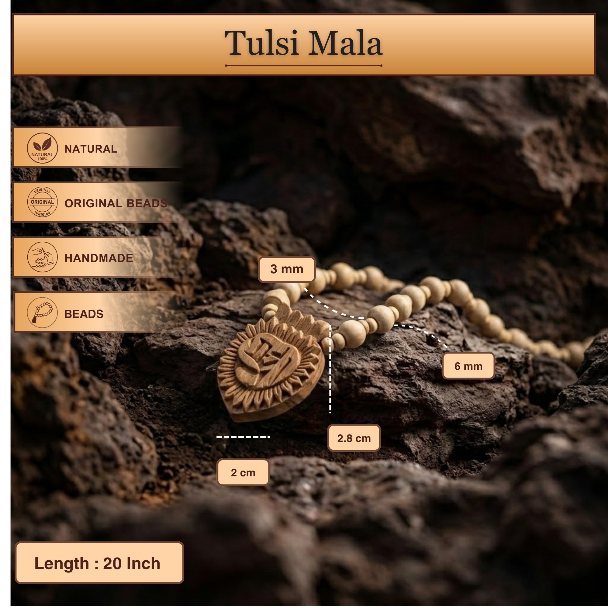 Tulsi Kanthi Mala – Radha Name Carved Pendant, Handcrafted Original Tulsi Mala