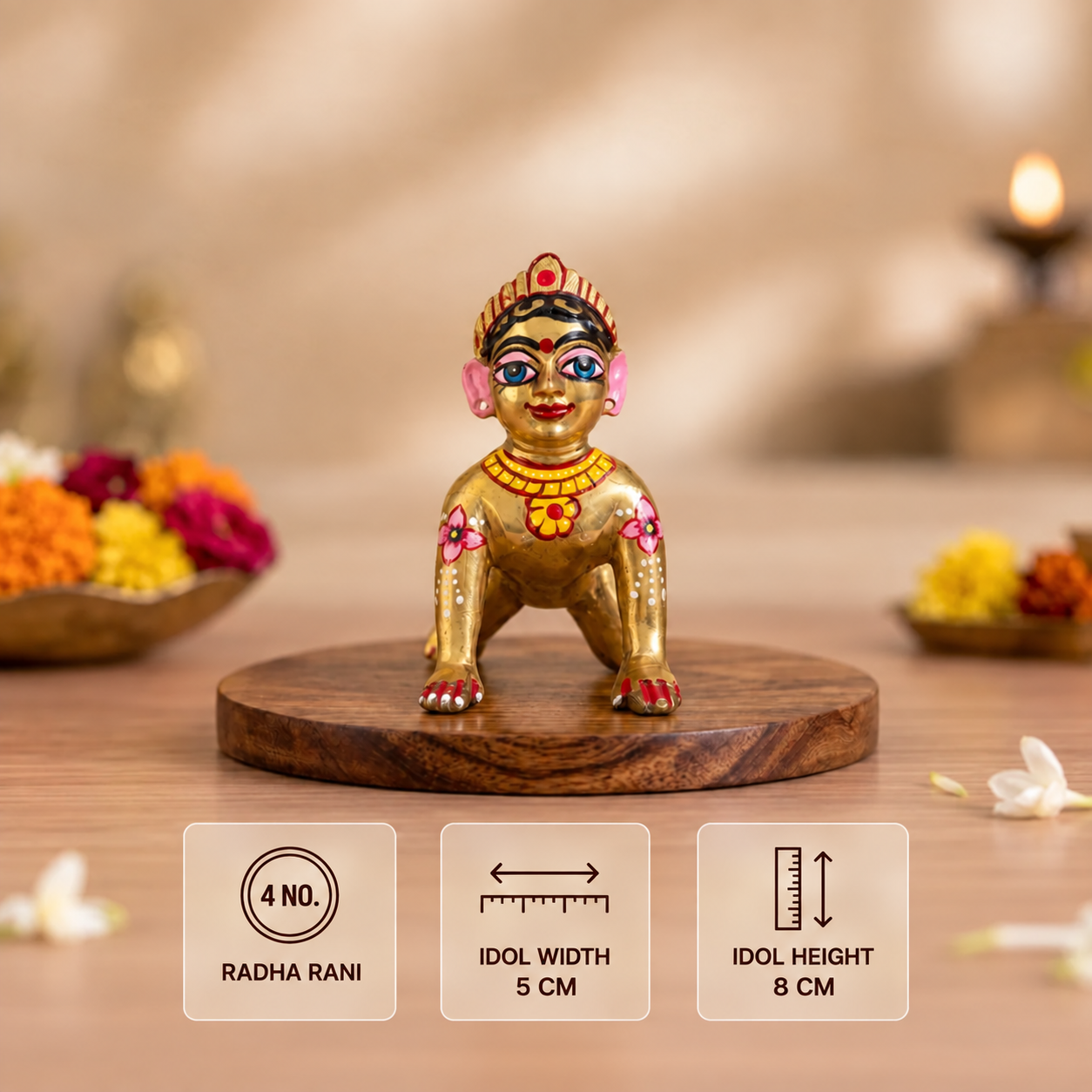 Golden Color Radha Rani on Wooden Podium Front View