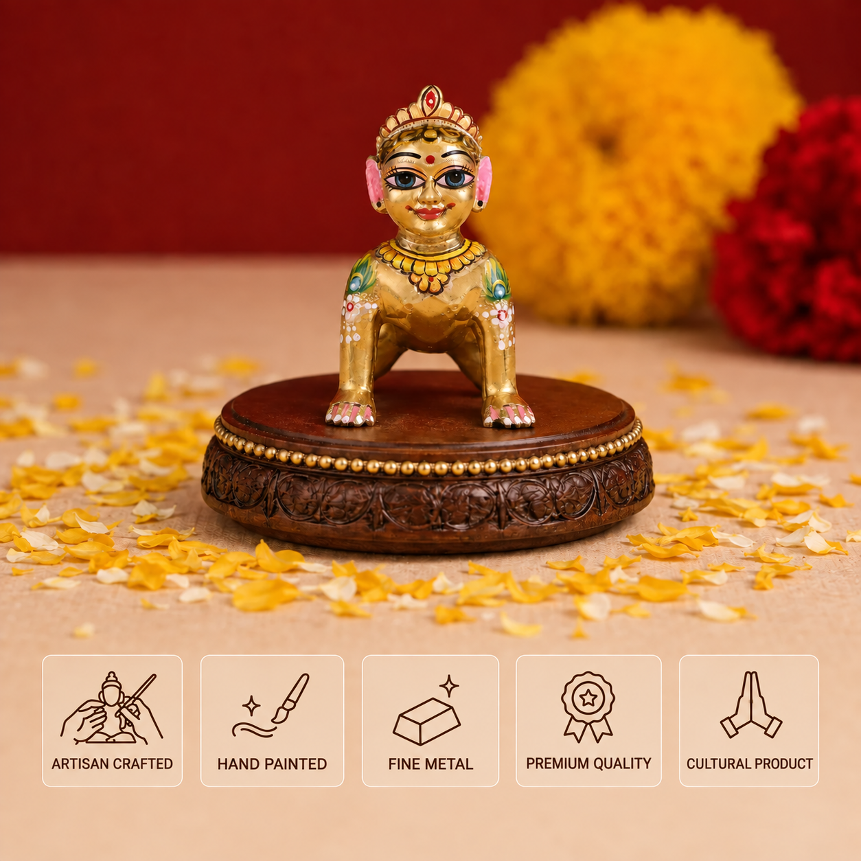 Radha Rani Idol Features showing like it is artisan crafted, hand painted made with fine metal having premium quality