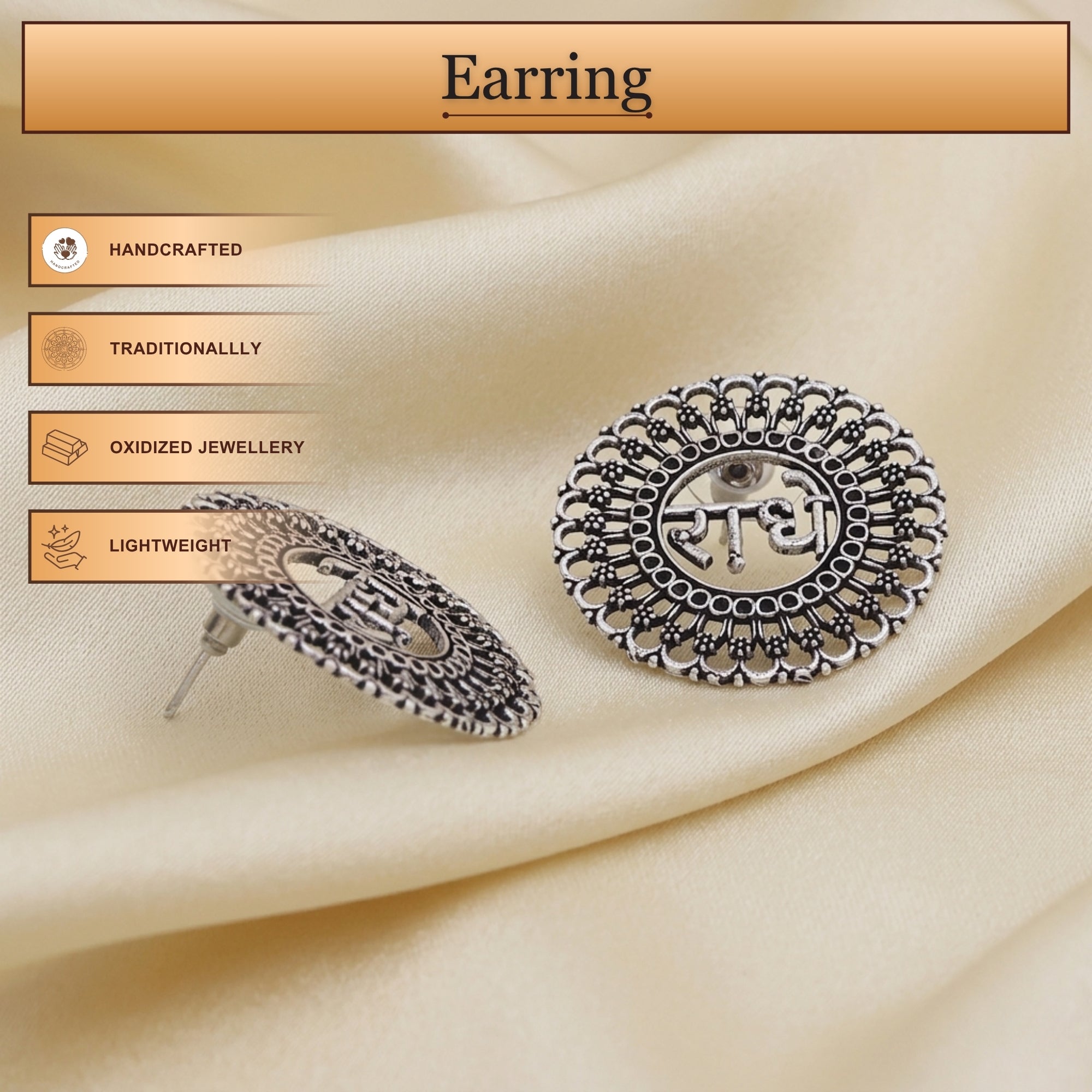 Radhe Oxidized Metal Earrings, Intricate Floral Design