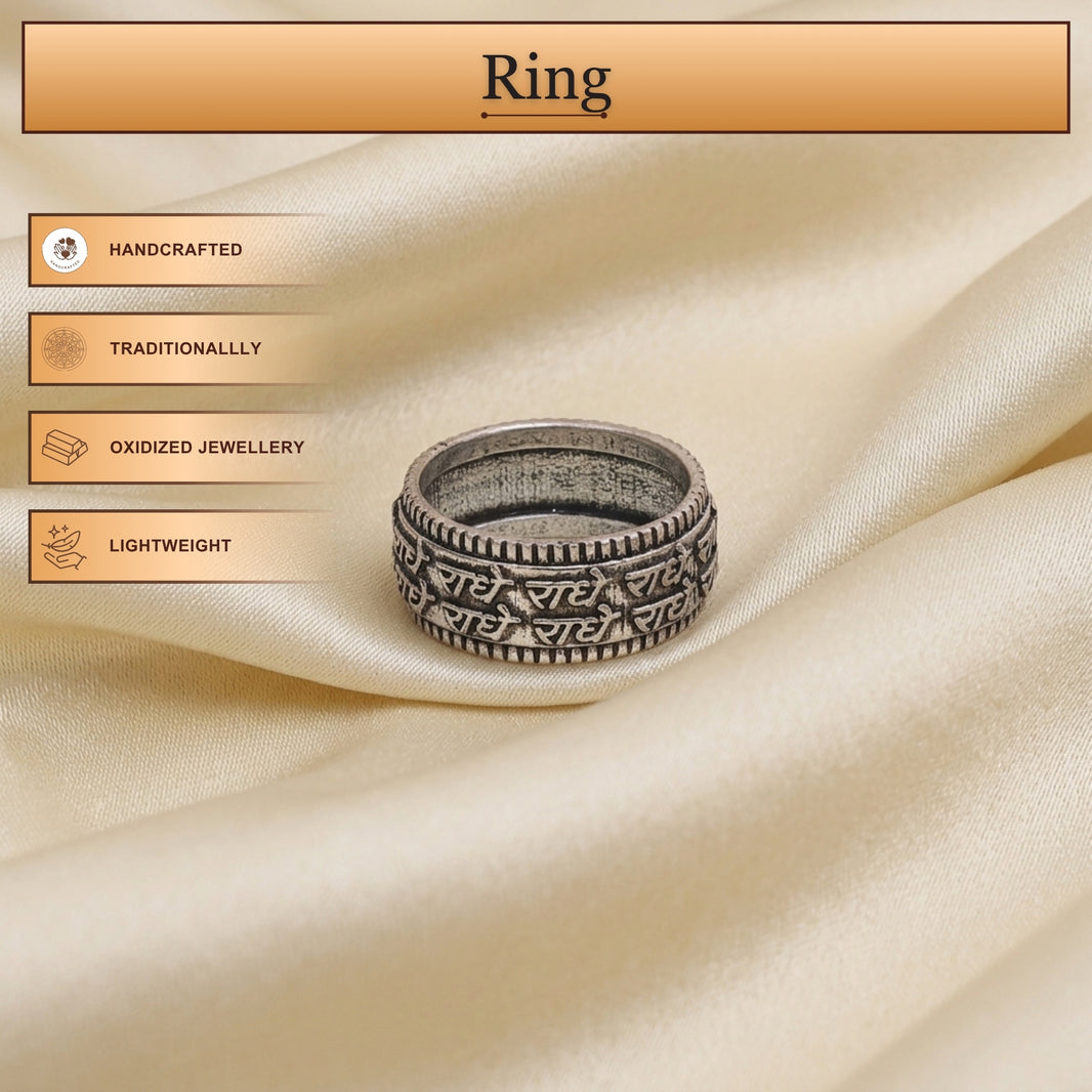 Radhe Mantra Oxidized Metal Ring, Intricate Design