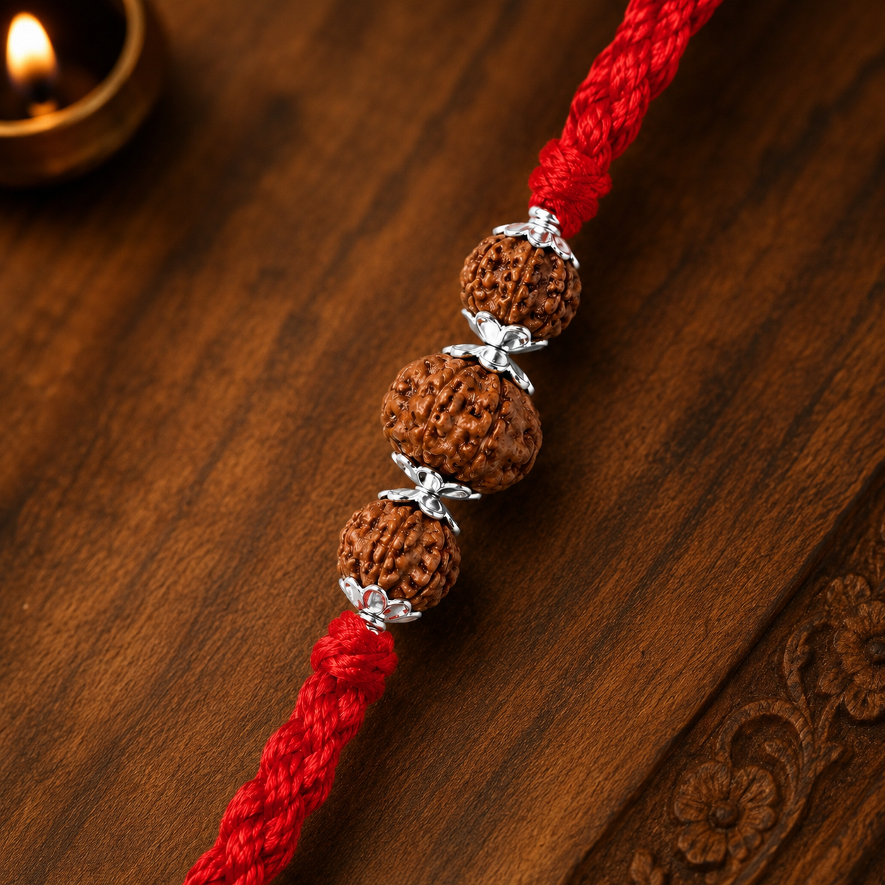 Close-up view of 925 Sterling Silver Capped Rudraksha Rakhi showing silver caps and red thread