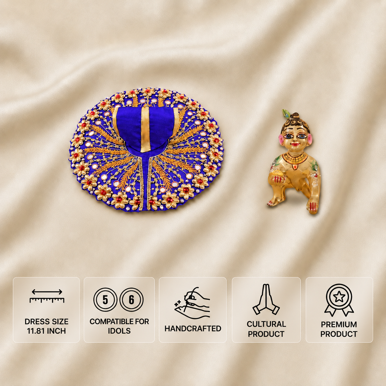 Royal blue handcrafted Laddu Gopal dress for 5 and 6 number idols with golden floral embroidery and pearl detailing.