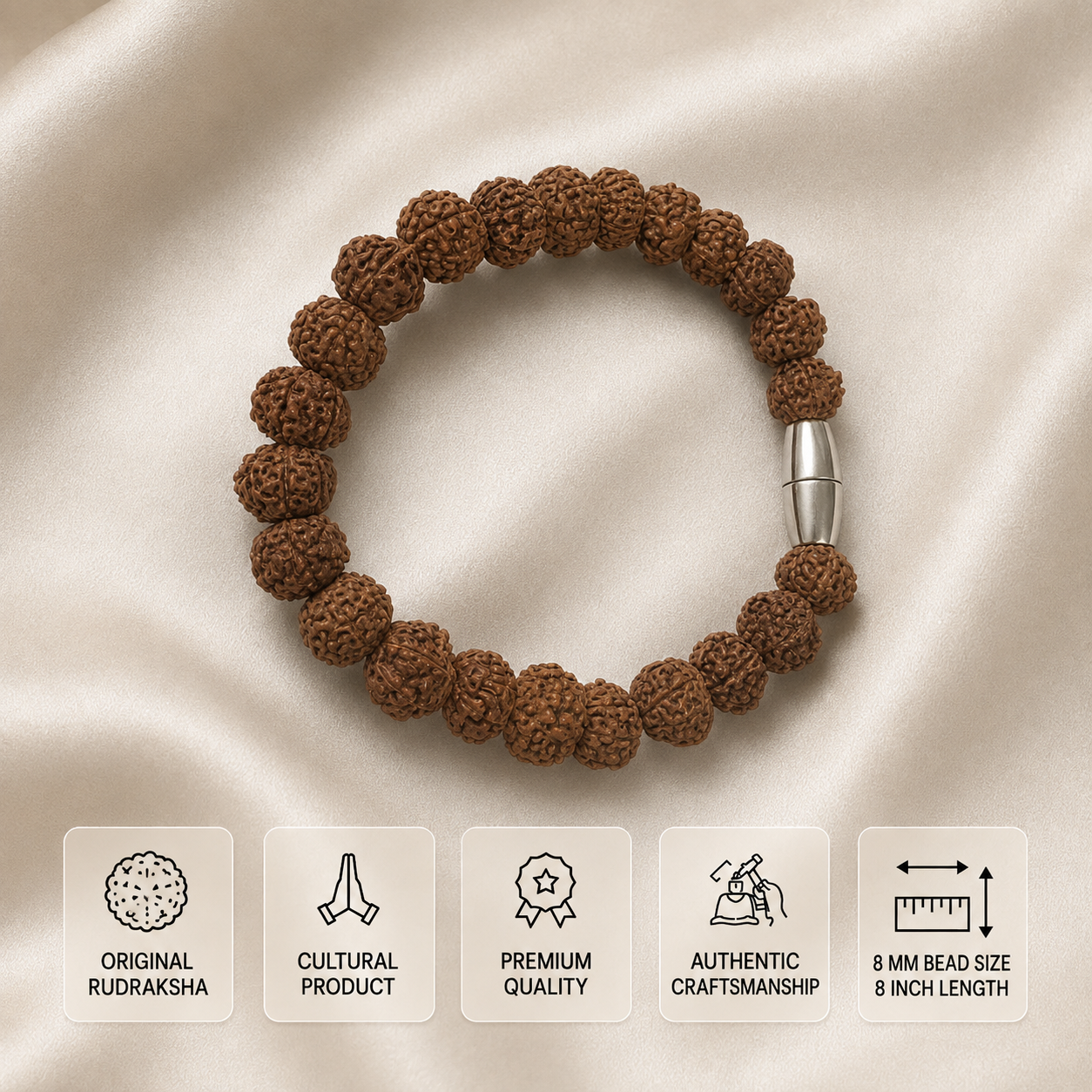 A brown rudraksha bead bracelet arranged in a circle on a beige satin fabric background, with five informational feature tiles along the bottom highlighting material, cultural product status, quality, craftsmanship, and dimensions.