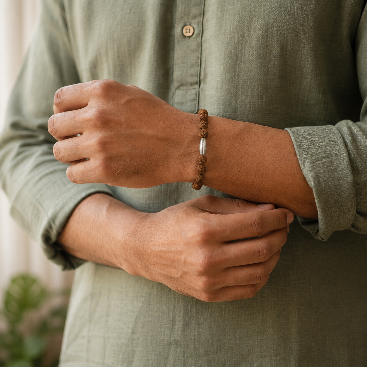 A close-up of a person wearing a brown beaded bracelet with a silver cylindrical accent on a light olive green linen shirt.